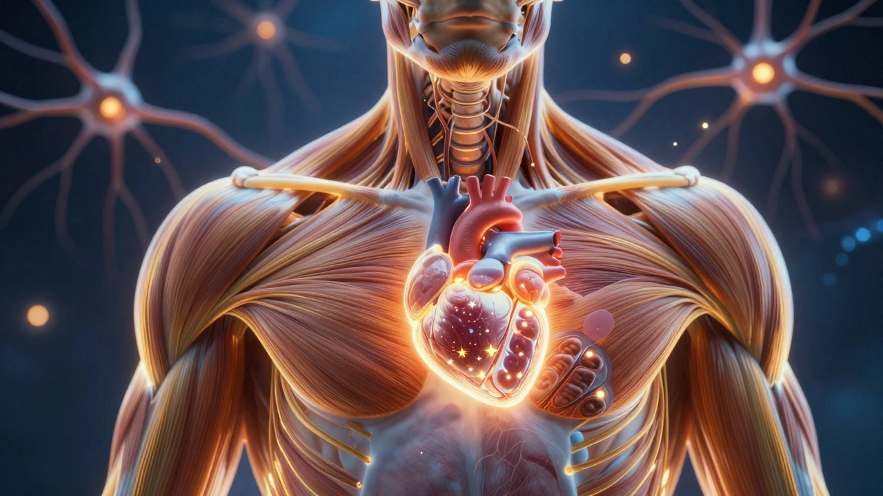 A glowing biomechanical torso showing muscle fibers, mitochondria, and brain neurons in a surreal, scientific illustration.