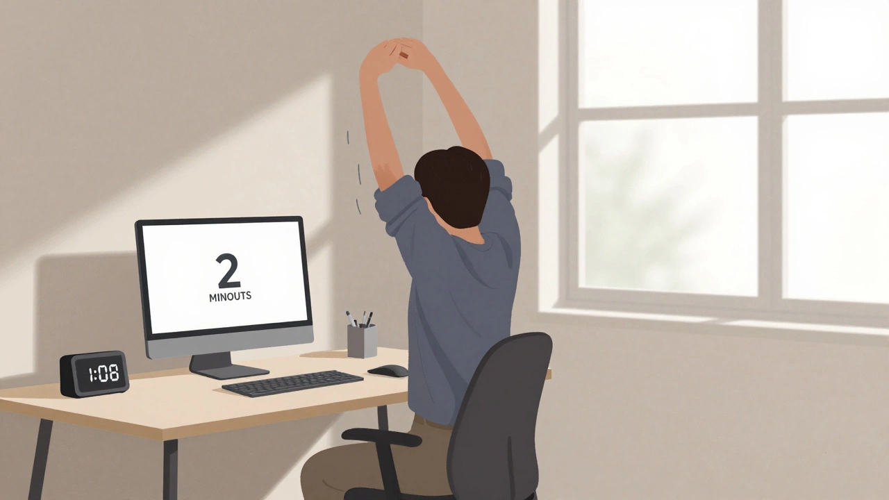 A person standing up from a desk to stretch, with a timer showing 2 minutes.