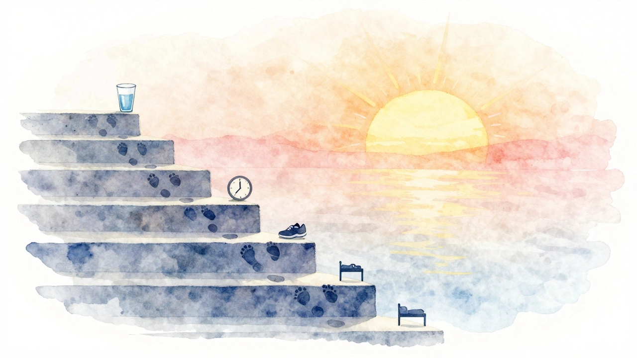 A staircase with small health habit icons leading up to a sunrise.