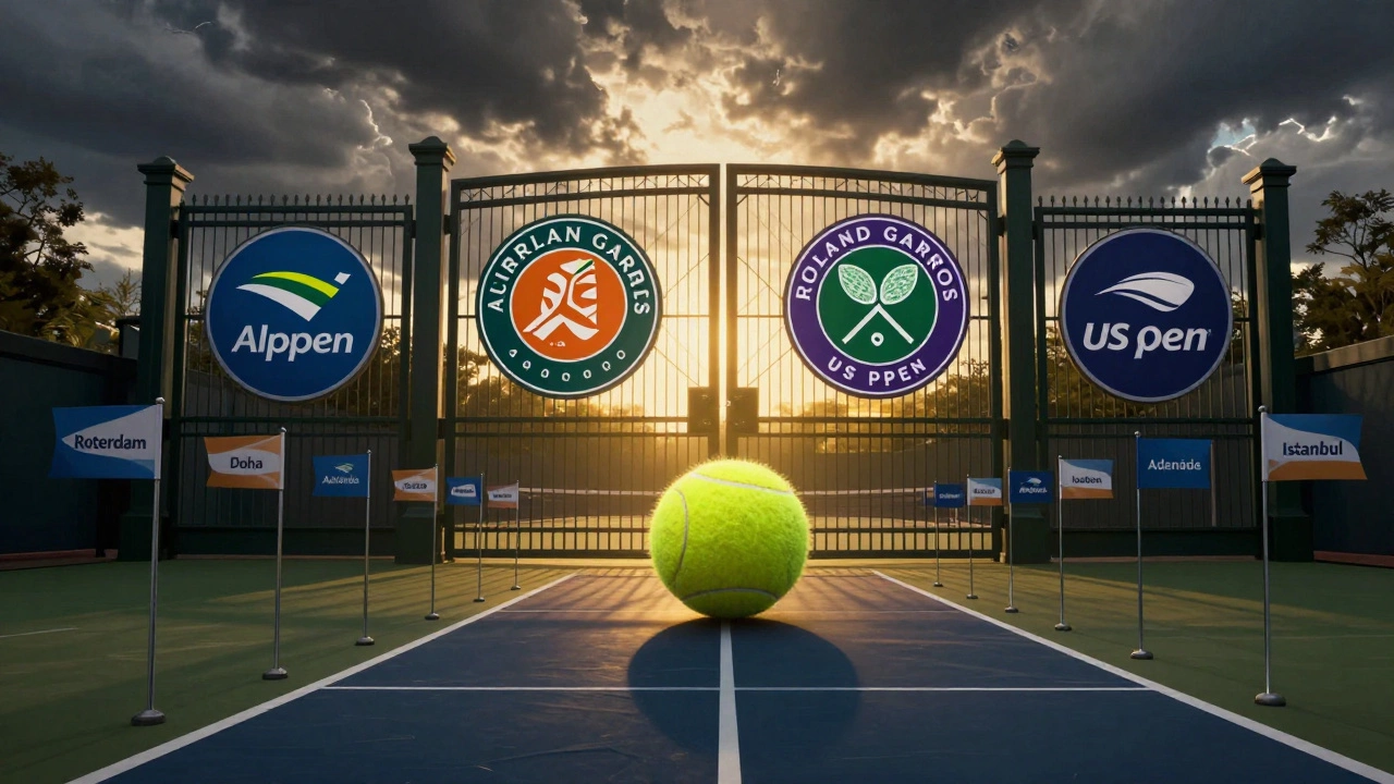 A tennis ball stopped before a gate marked with the four Grand Slam tournaments.