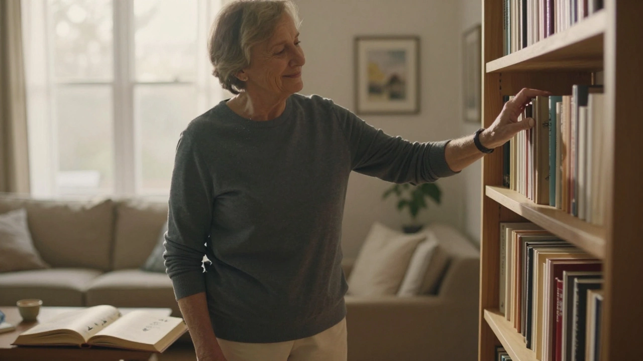 An older adult standing tall and relaxed in a sunlit room, reaching for a book with natural posture and calm expression.