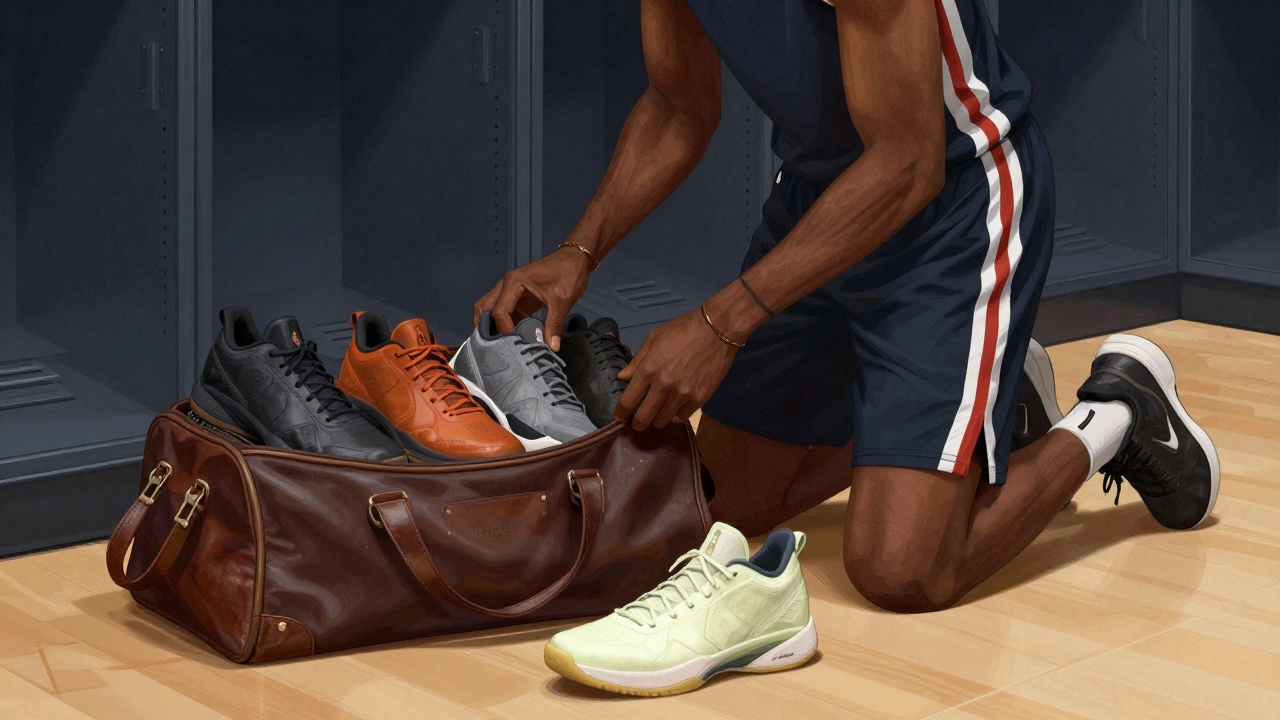 Basketball player choosing a specific pair of shoes from several identical ones in a gear bag.