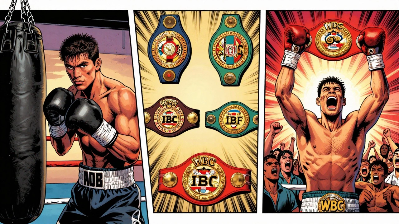 Comic book style of a boxer training, four belts on the wall, then raising all four in victory.