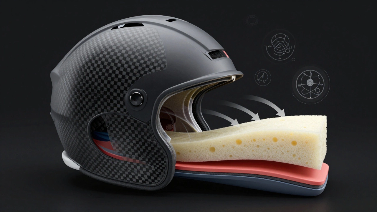Cross-section of a helmet showing layered safety materials for impact protection.