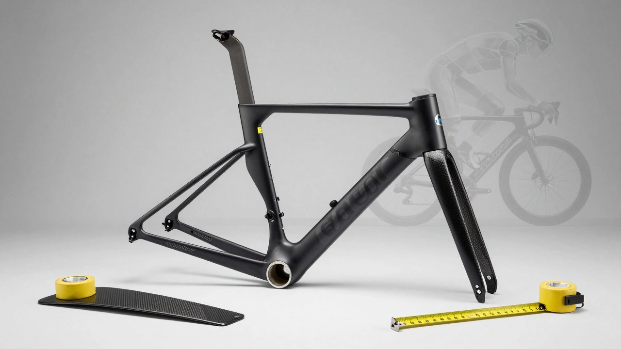 Cyclist&#039;s custom bike with sensors and tools, overlaid with body posture data.