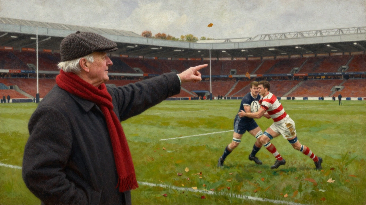 Elderly British fan pointing at a rugby player in traditional kit at Twickenham Stadium.