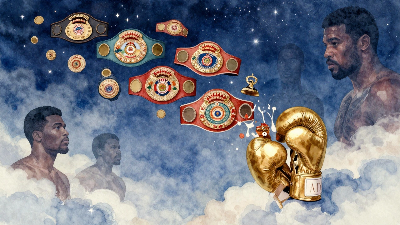 Golden glove dissolving into floating championship belts, silhouettes of legendary fighters in the sky.