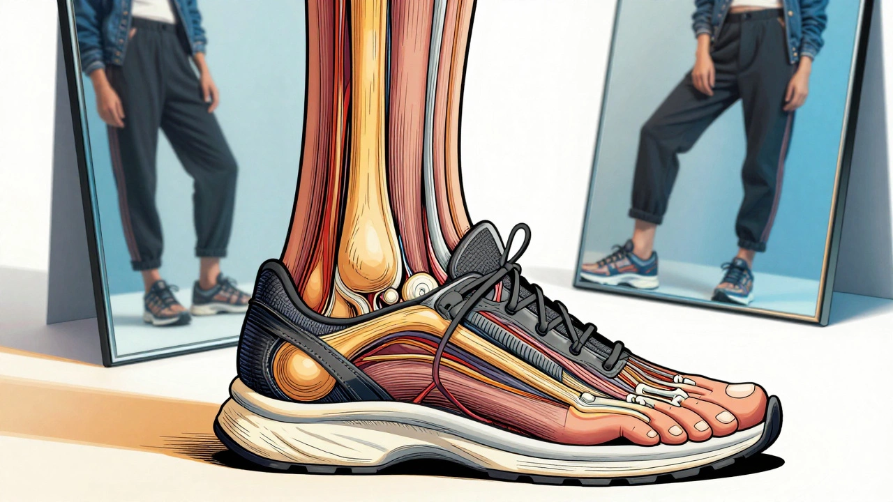 Internal view of a foot compressed in a narrow shoe, with tendons and nerves strained, beside a trendy influencer reflection.