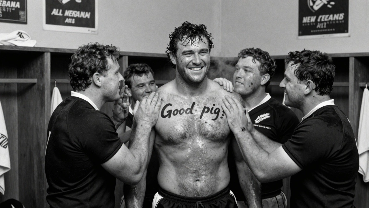 New Zealand All Blacks player covered in mud, teammates celebrating him in a locker room.