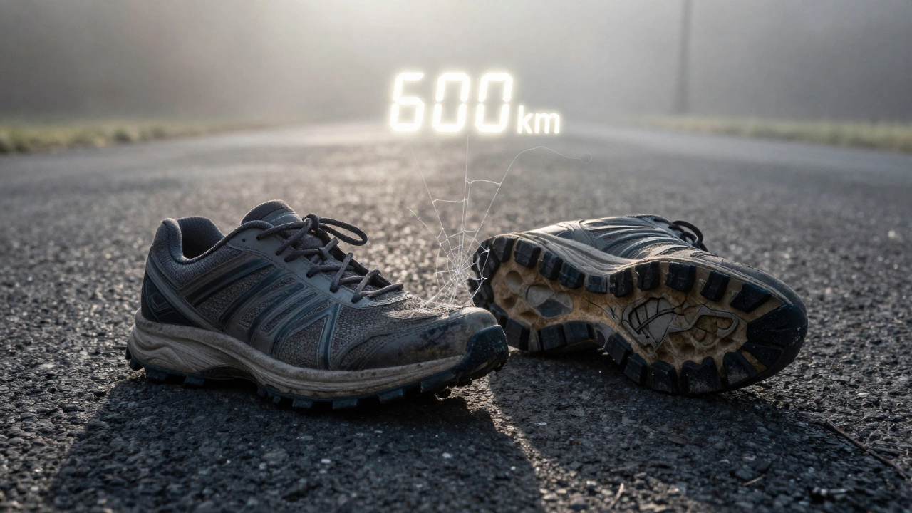 Old running shoes on pavement with glowing mileage counter and cracked midsole, trail shoe beside them.