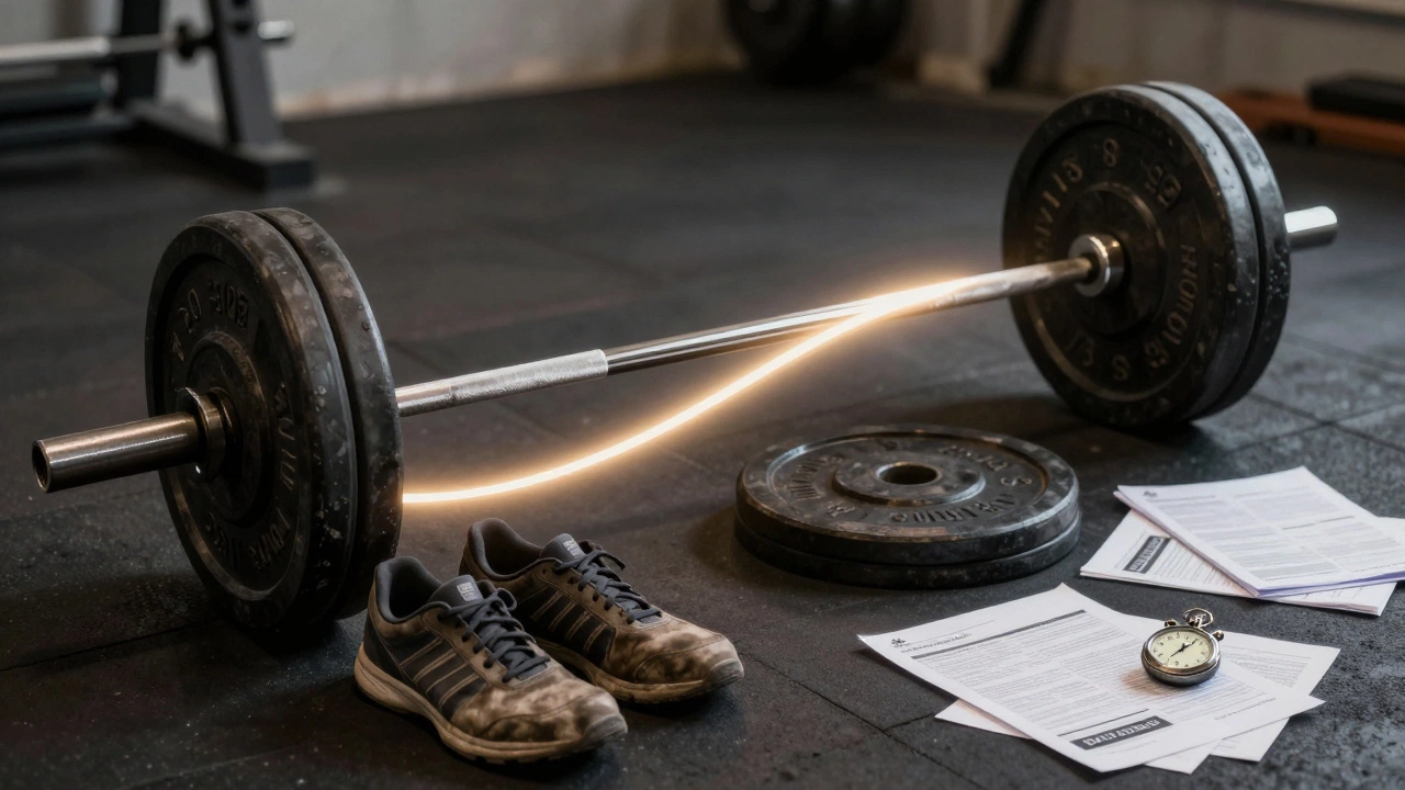 Progression of barbell weight from 70kg to 90kg with training logs and shoes, symbolizing strength gains.