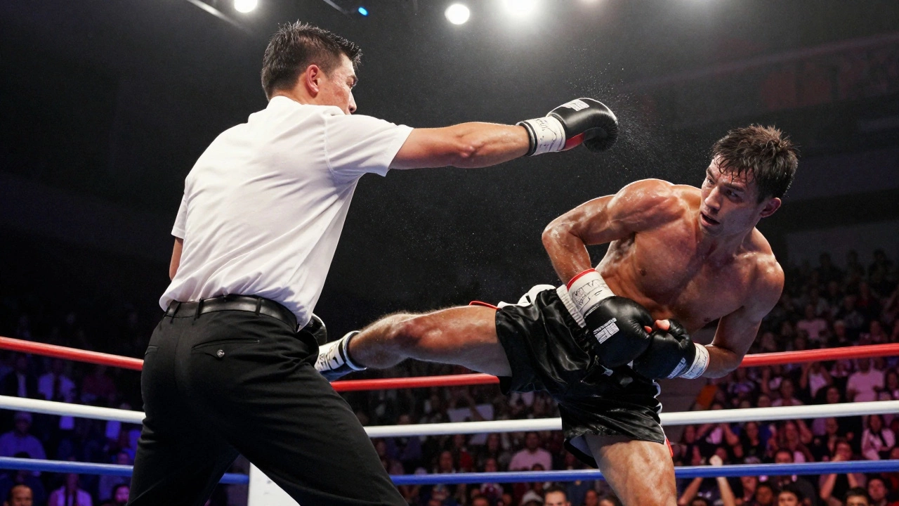 Referee stopping a match as fighter reacts to a low blow, crowd blurred in background.