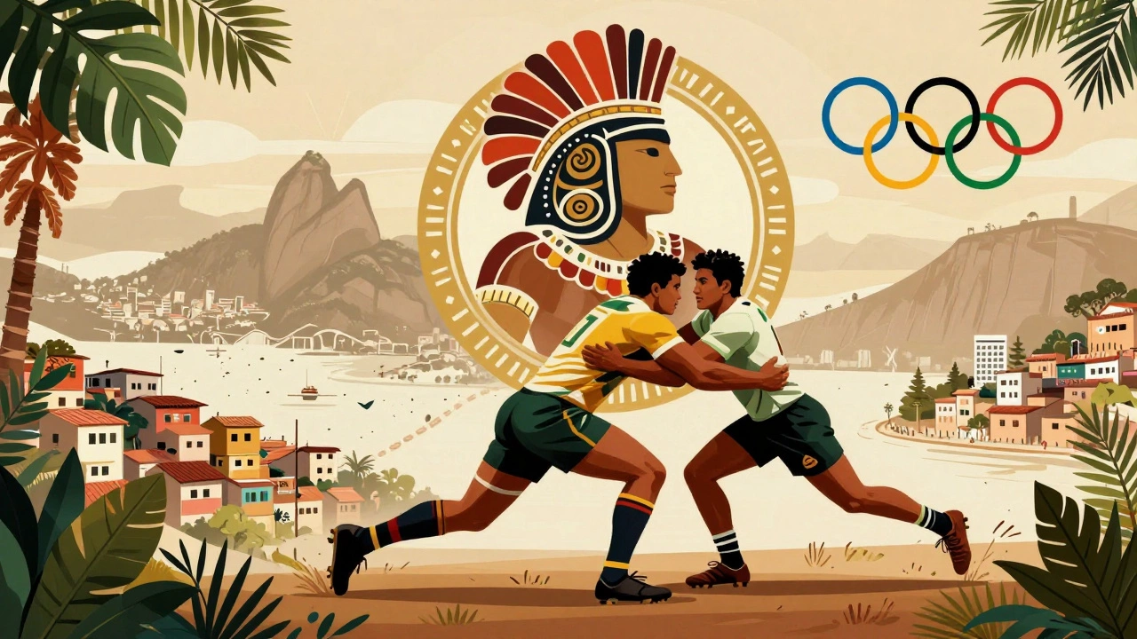 Stylized fusion of Brazilian culture and rugby, showing a warrior transforming into a player amid nature and Olympic symbols.
