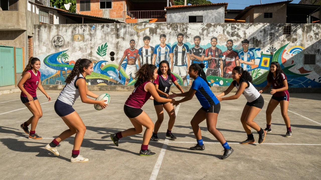 Teenage girls practicing rugby in a Rio neighborhood, wearing donated gear under sunlight.