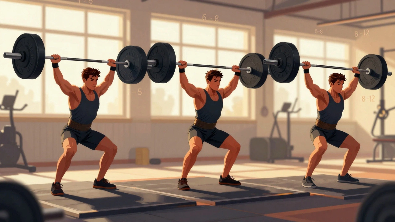 Three lifters shown in split-screen representing different rep ranges for strength and muscle growth.