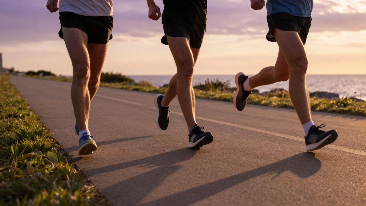 Three runners on a coastal path, each wearing different types of running shoes at sunset.