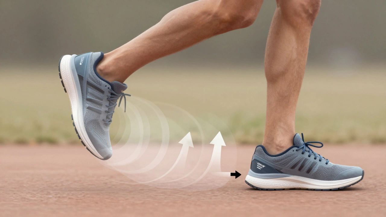 Transparent cross-section of a runner&#039;s foot with biomechanical support layers highlighted.