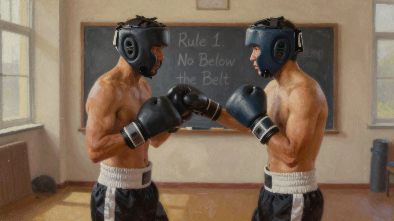 Two boxers demonstrating proper punch height, chalkboard with Rule 1 visible in background.