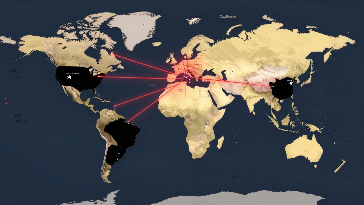 World map showing covered tennis tournaments and blocked Grand Slam regions.