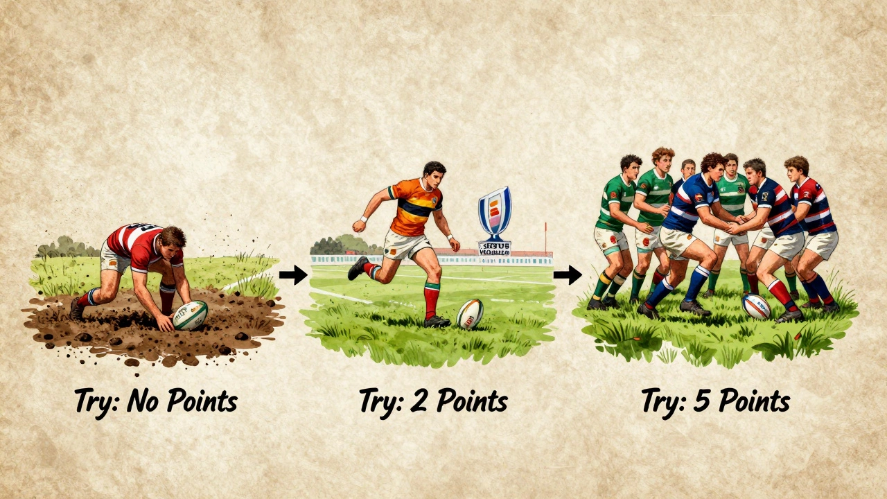 A historical timeline showing how the value of a rugby try increased from zero to five points.