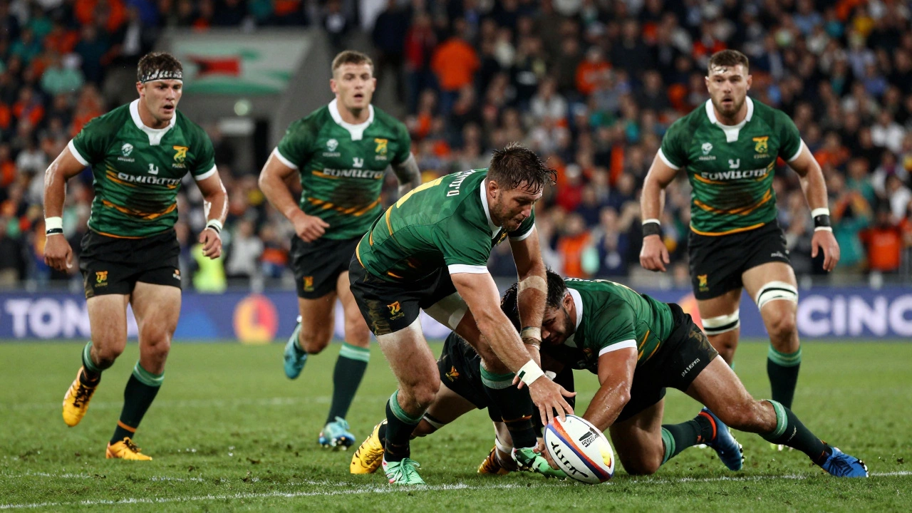 A rugby player stretches to score a try in the 2019 World Cup final under bright stadium lights.