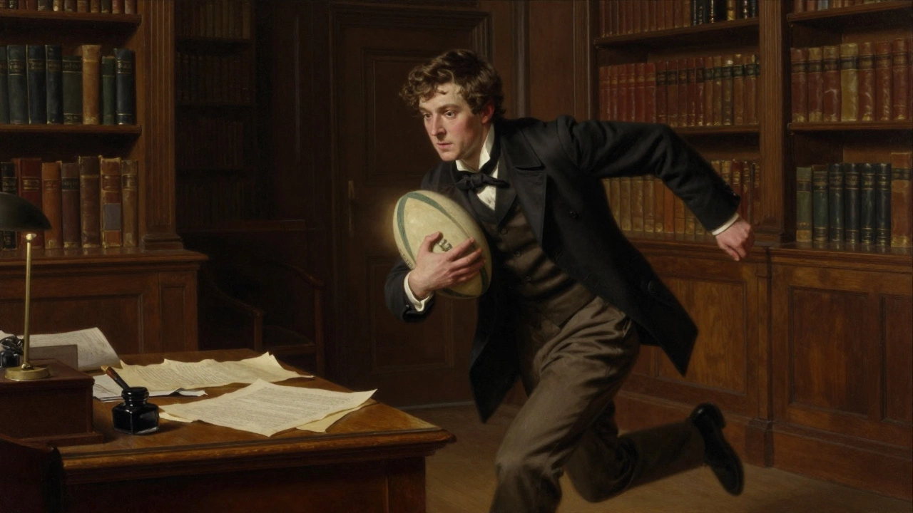 A young man running with a leather ball in an old school library, surrounded by documents, bathed in dramatic light.