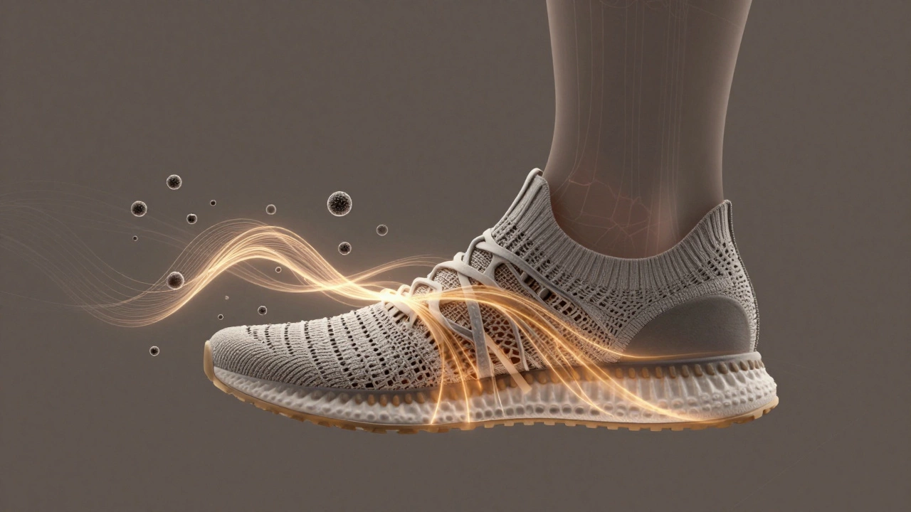 Abstract illustration of a foot with energy waves from Boost pellets and Primeknit fibers, symbolizing biomechanical efficiency.