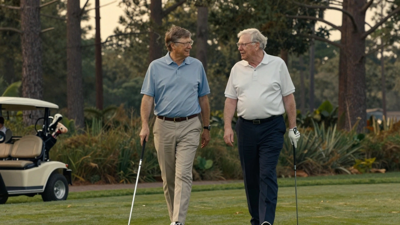 Bill Gates and Warren Buffett walking a tree-lined fairway at Pine Valley, relaxed and conversing, no luxury equipment in sight.