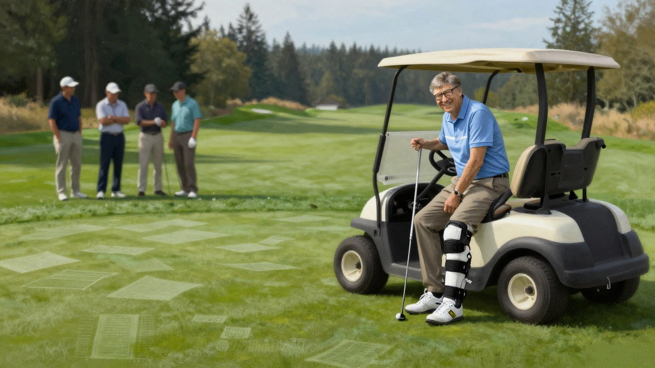 Bill Gates in his 70s using a golf cart, smiling as he prepares to putt on a quiet Seattle-area course with unaware locals nearby.