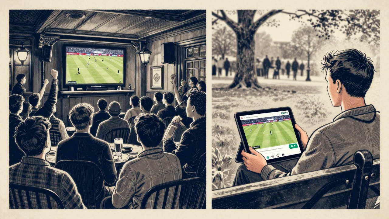 Crowd in a London pub cheering during the FA Cup Final, broadcast on free TV.