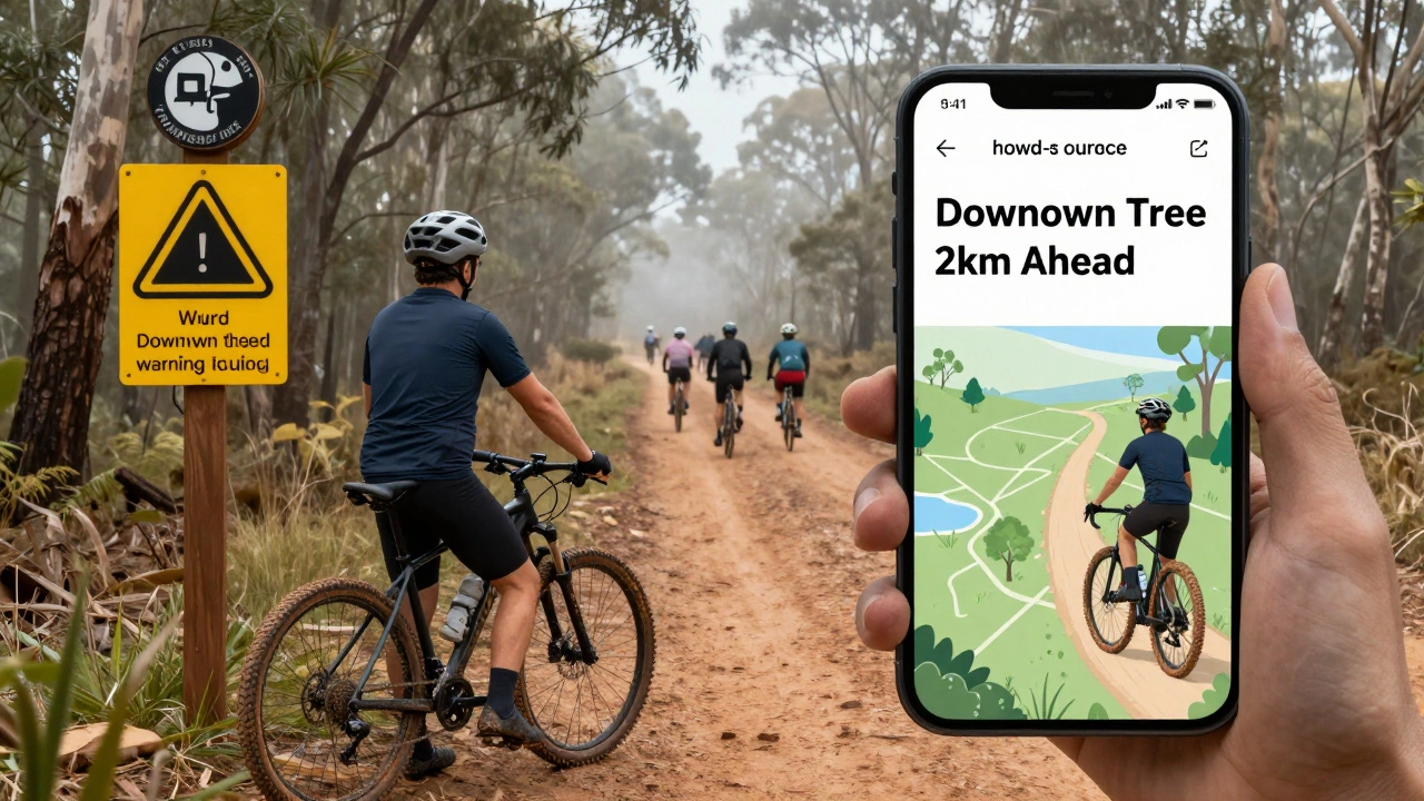Cyclist checking BikeMap warning about a downed tree on a forest trail in rural Australia.