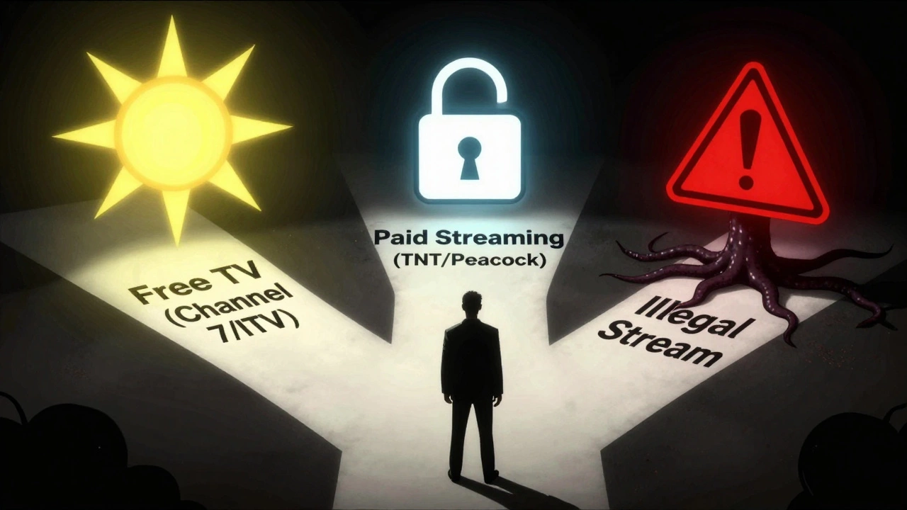 Fan at a crossroads choosing between free, paid, and illegal football streaming options.