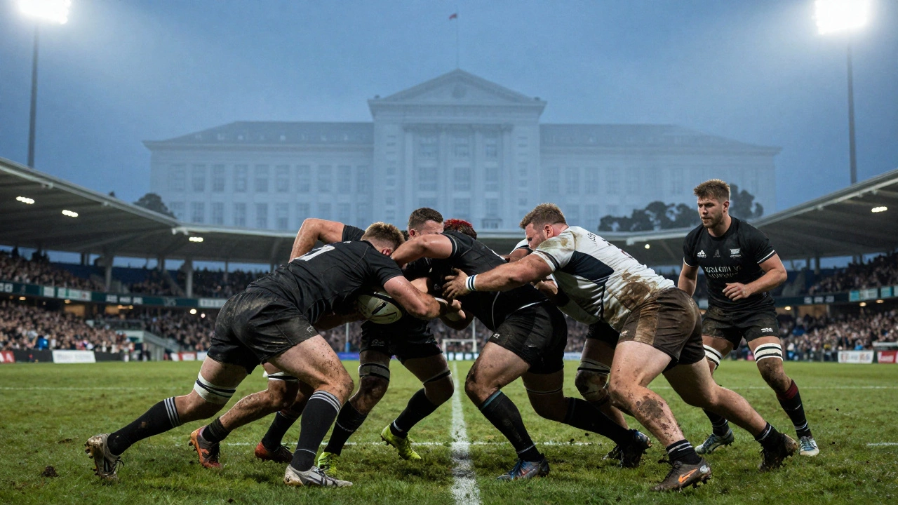 Modern rugby players in a muddy scrum under stadium lights, with a ghostly image of an old school building above them.