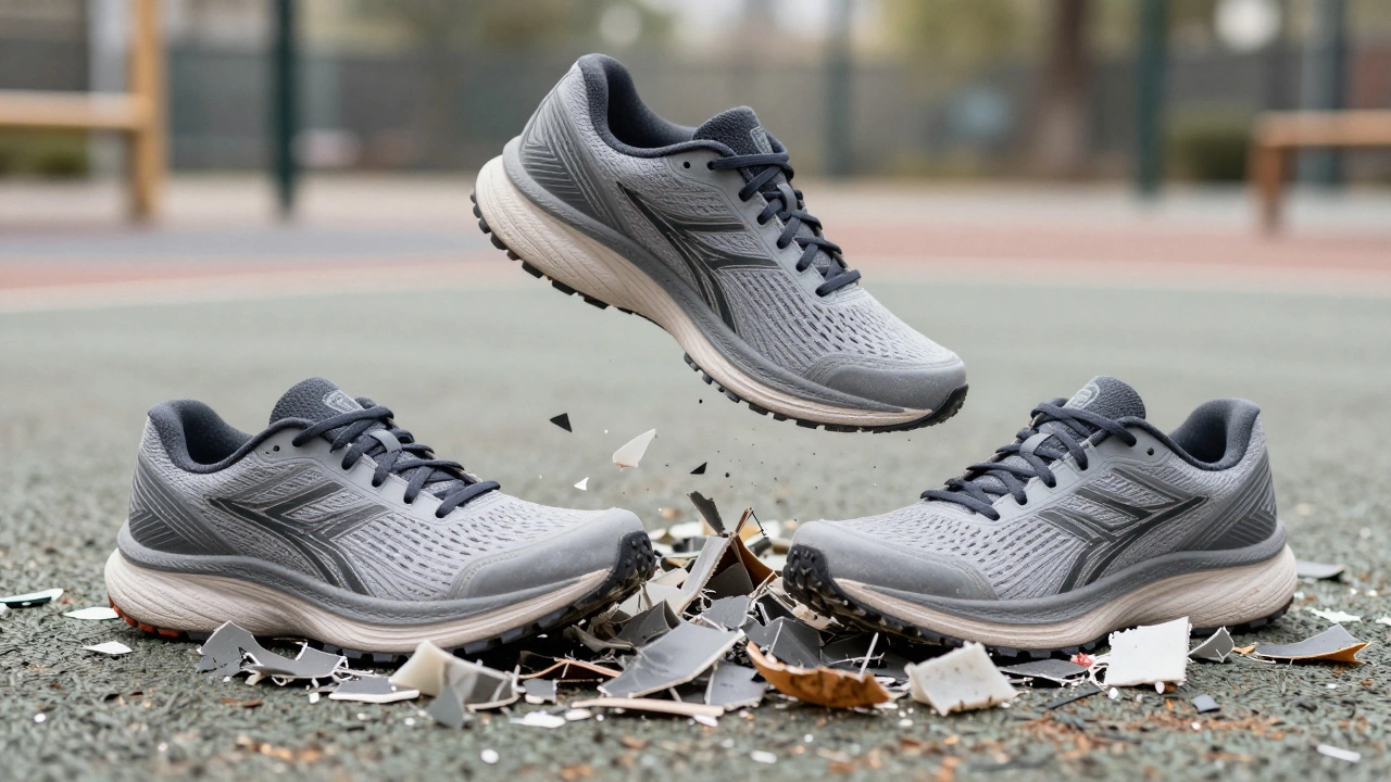 New running shoes next to recycled foam from old ones, symbolizing replacement.