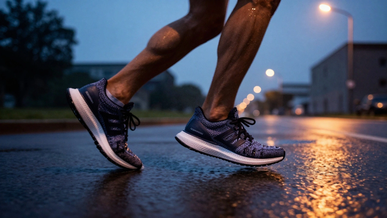 Runner on a rainy trail with Ultraboost shoes gripping the wet ground under streetlights at dusk.