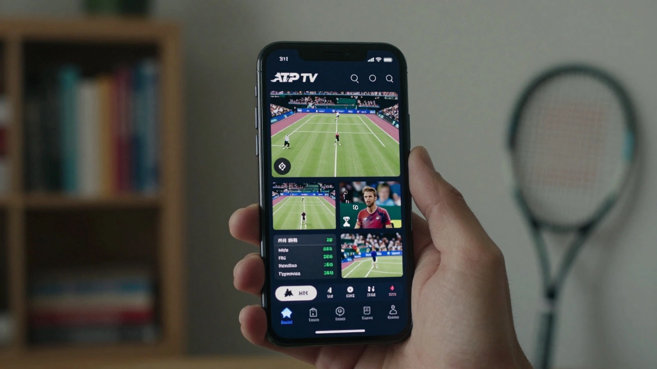 Smartphone screen displaying ATP TV app with multi-angle match feed.
