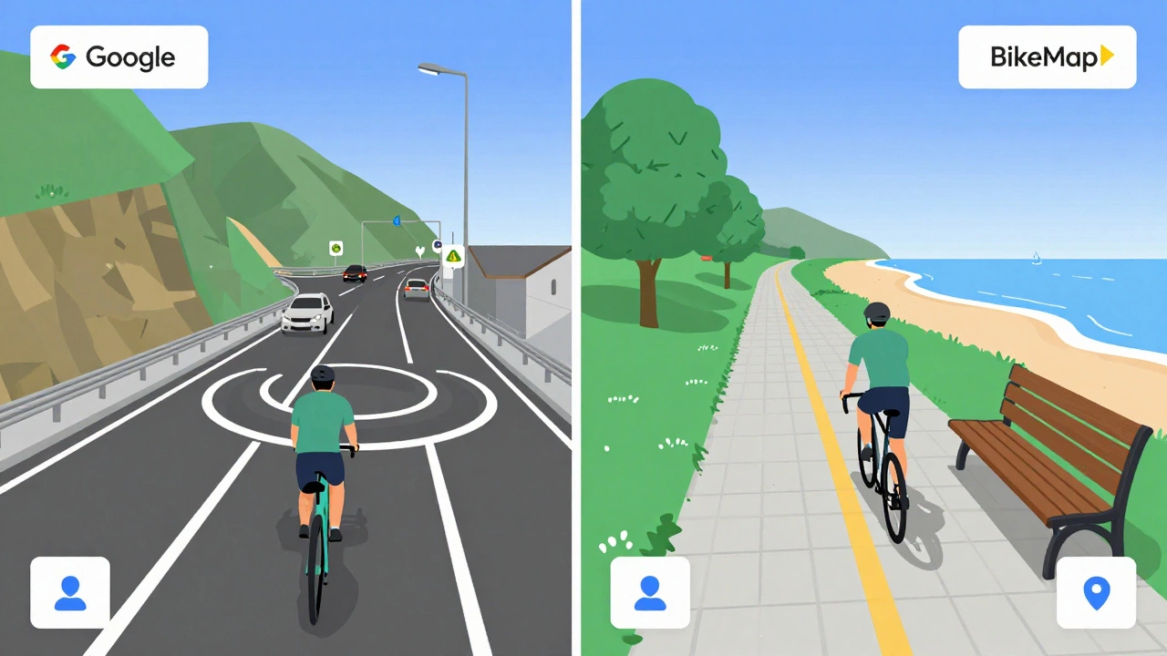 Split-screen comparison: dangerous road route vs. safe bike path shown on two maps.