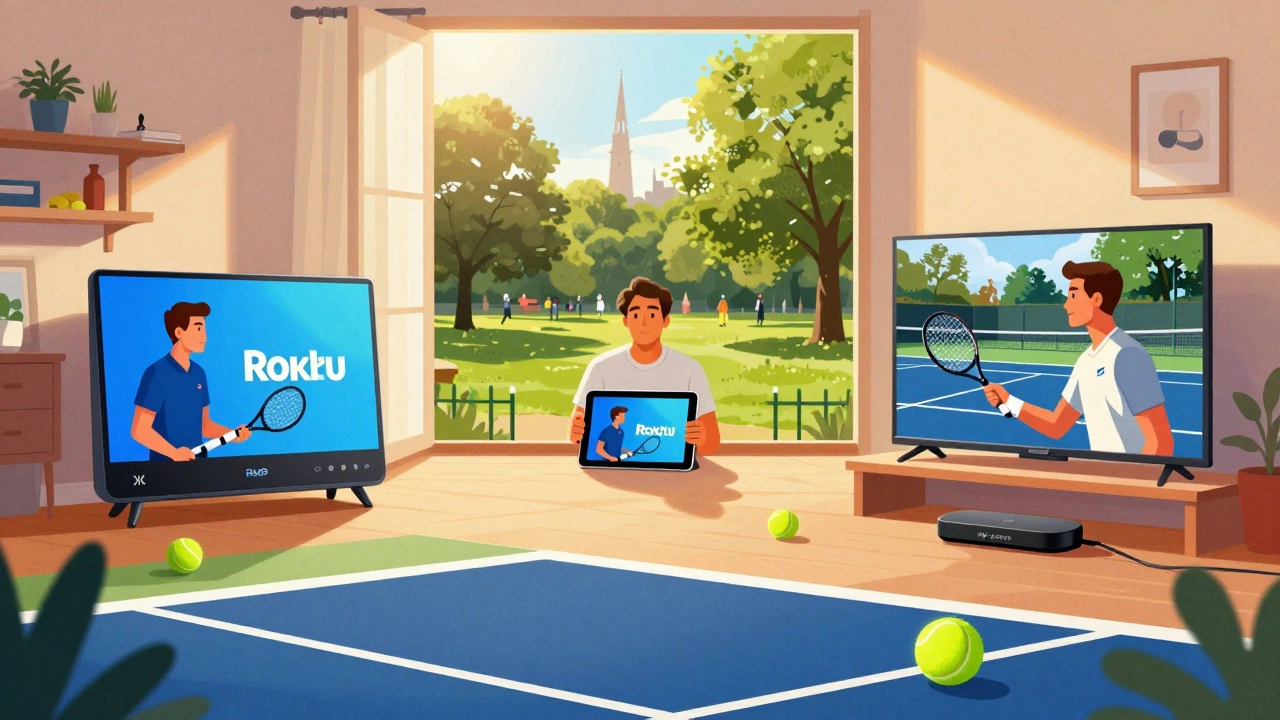 Three UK viewers watching ATP tennis on different devices at home and outdoors.