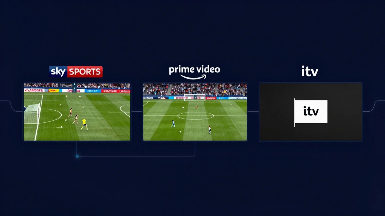 A digital dashboard showing live streams from Sky Sports, Amazon Prime Video, and ITV during key football matches.