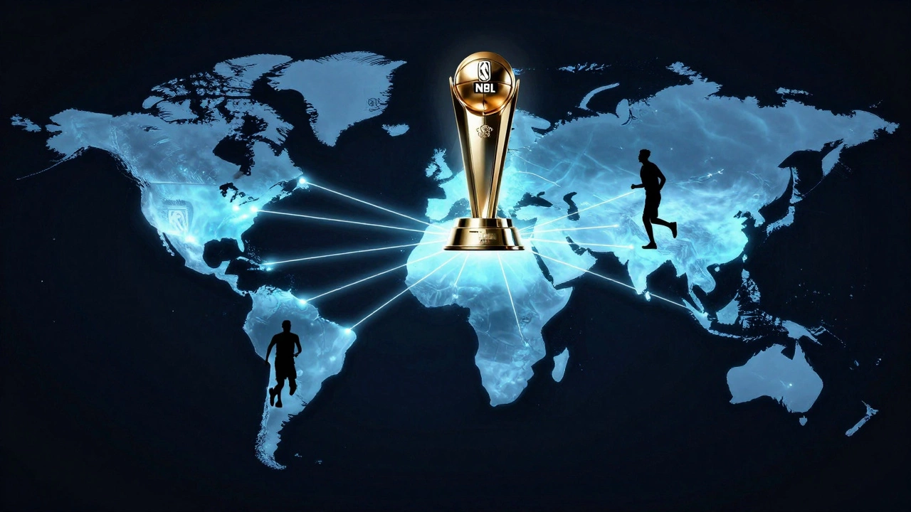 A glowing NBL trophy connects players from around the world in a network of light.