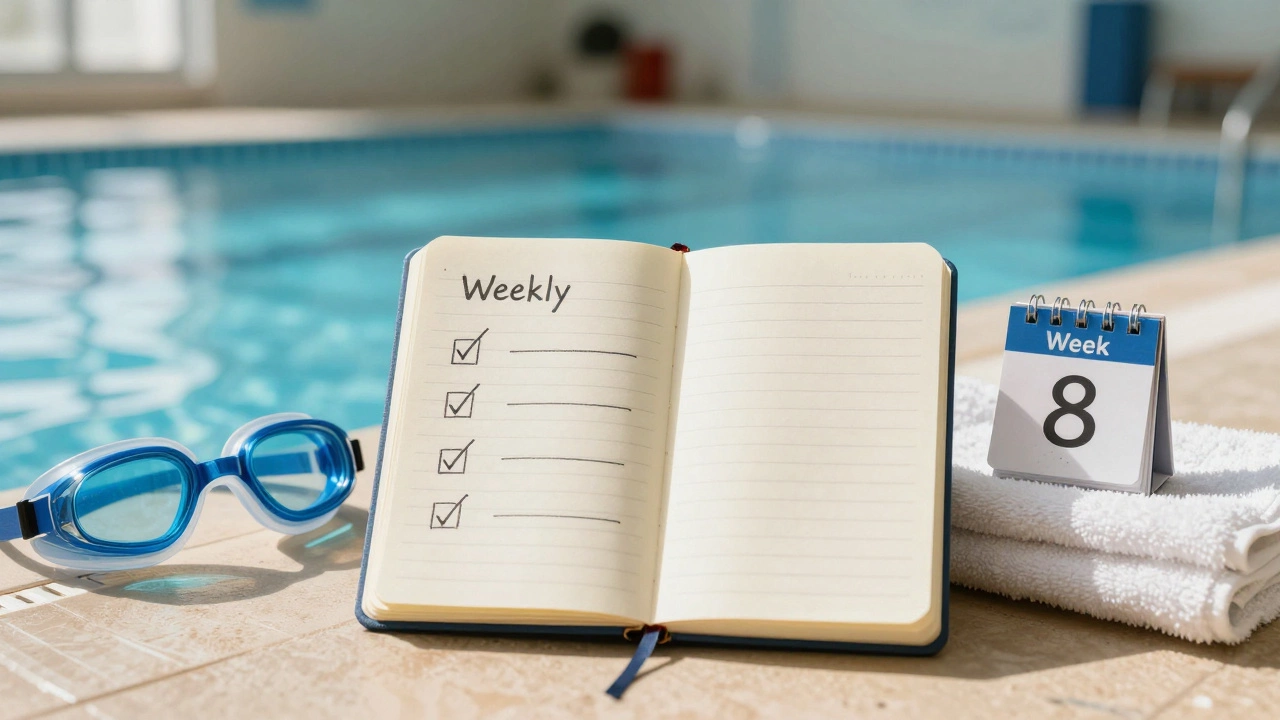 A notebook with a weekly swim schedule and goggles beside it, symbolizing consistent progress.