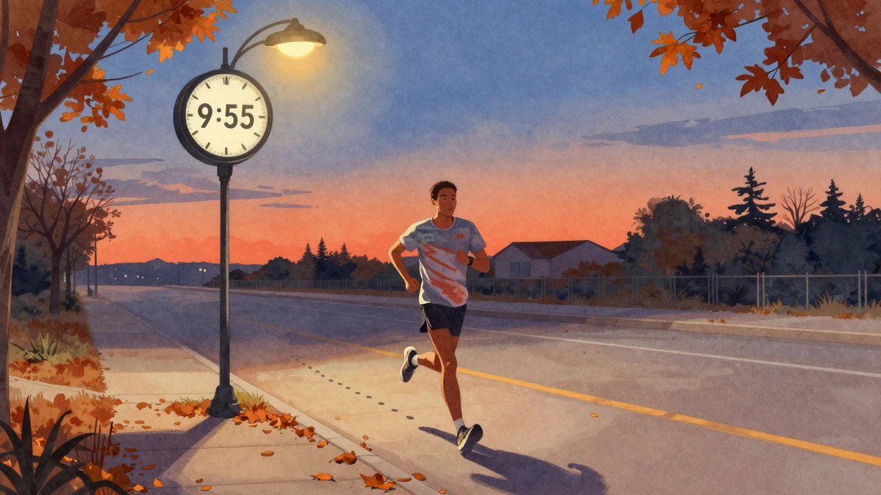 A runner in dusk light with a 9:55 per mile clock visible, footprints leading into the distance, autumn leaves falling around them.