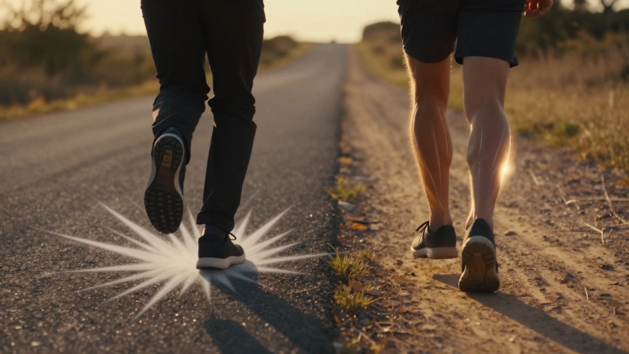 A runner on a split path, one side showing cushioned heel impact, the other showing flat-shoe muscle engagement under golden light.