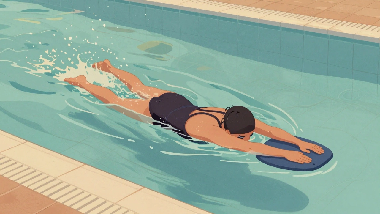 A swimmer practicing kickboard technique in shallow water, holding onto the pool edge.