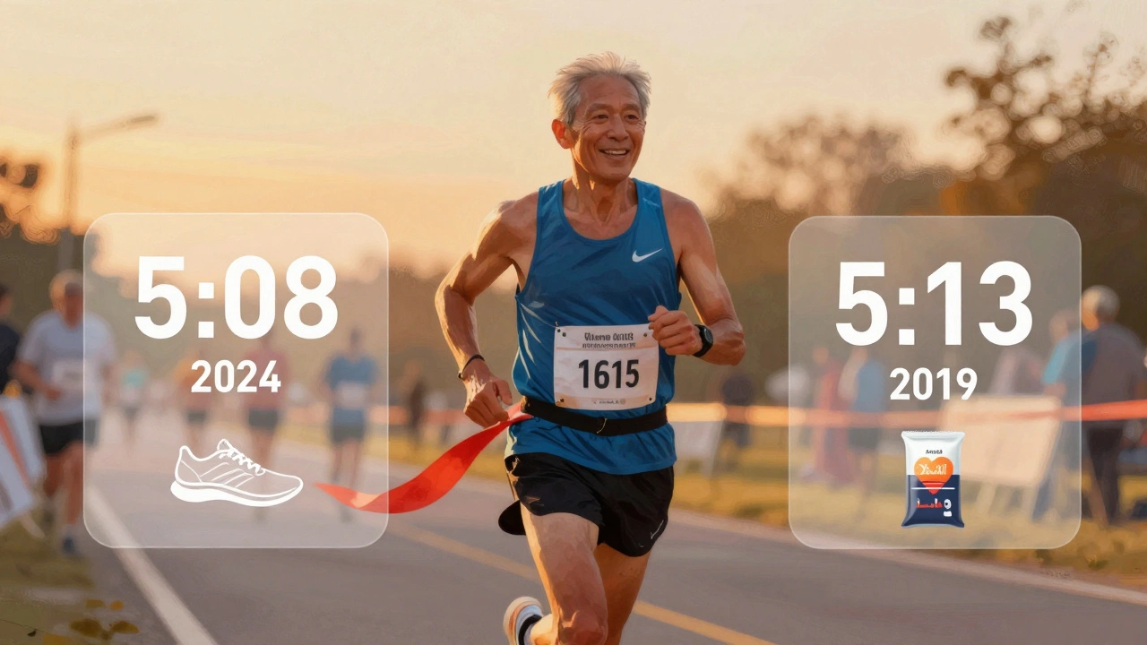 An older runner smiling at the finish line with floating time comparison visuals.