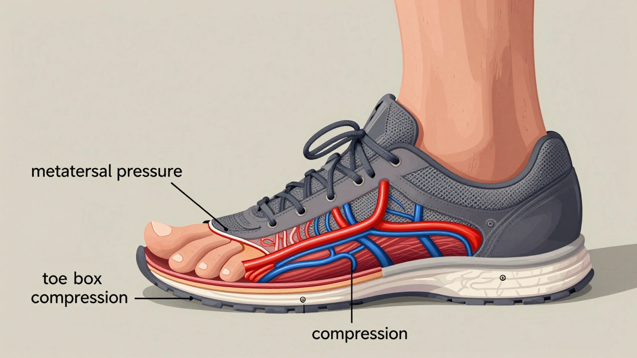 Cross-sectional illustration of a foot under pressure in a running shoe, highlighting blood flow and compression.