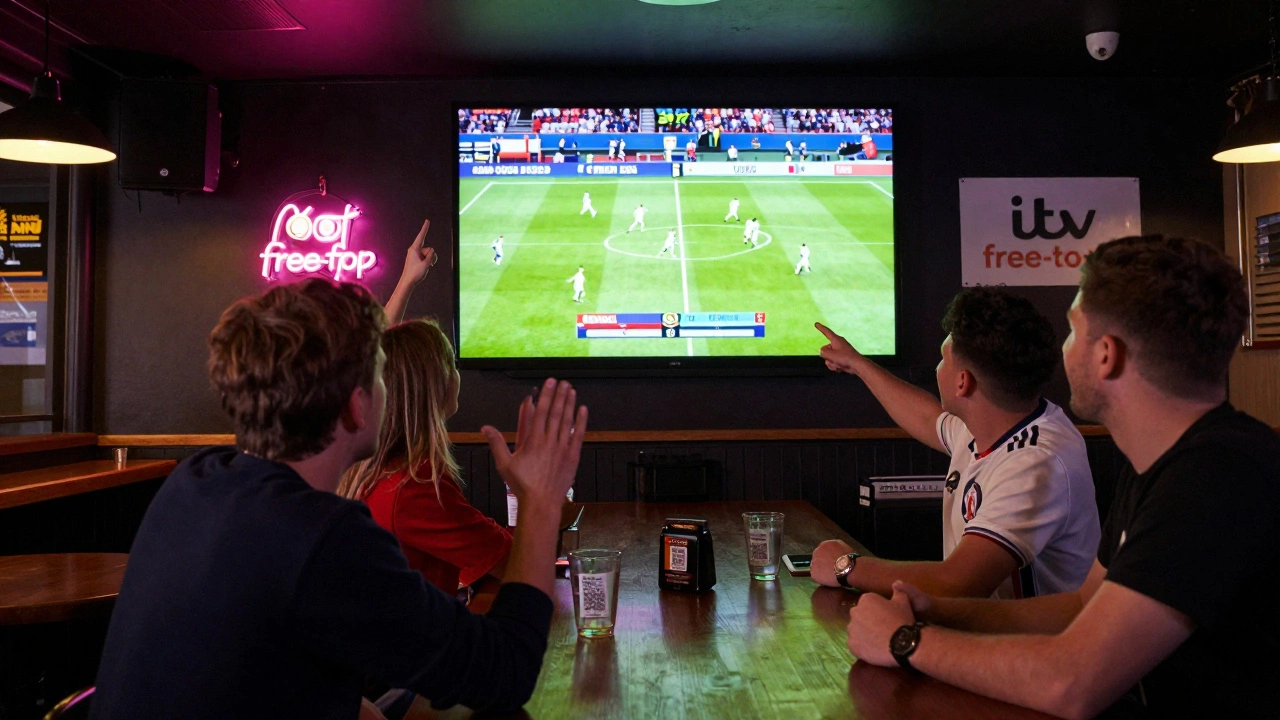 Friends celebrating a goal in a UK pub during the UEFA Euro final, with streaming service logos visible on screen.