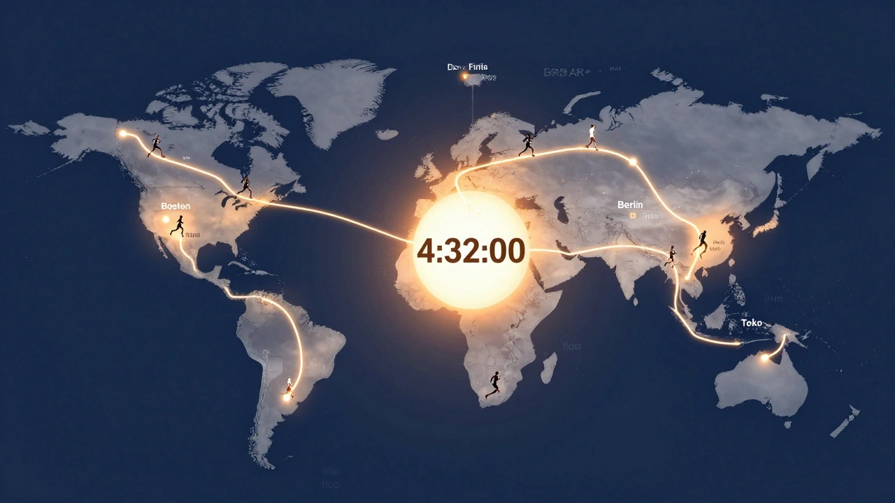 Global map with glowing marathon routes and average finish times converging at 4:32:00.