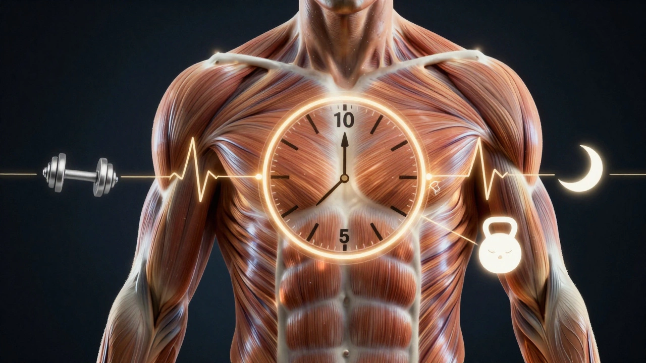 Human torso with glowing muscles and workout icons, symbolizing time and recovery.
