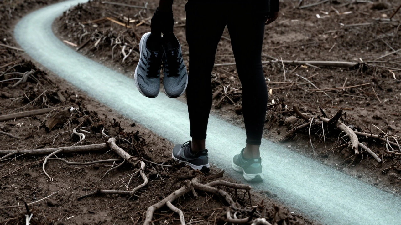 Runner standing on rough ground with a glowing track emerging from their shoes, symbolizing equipment and surface harmony.